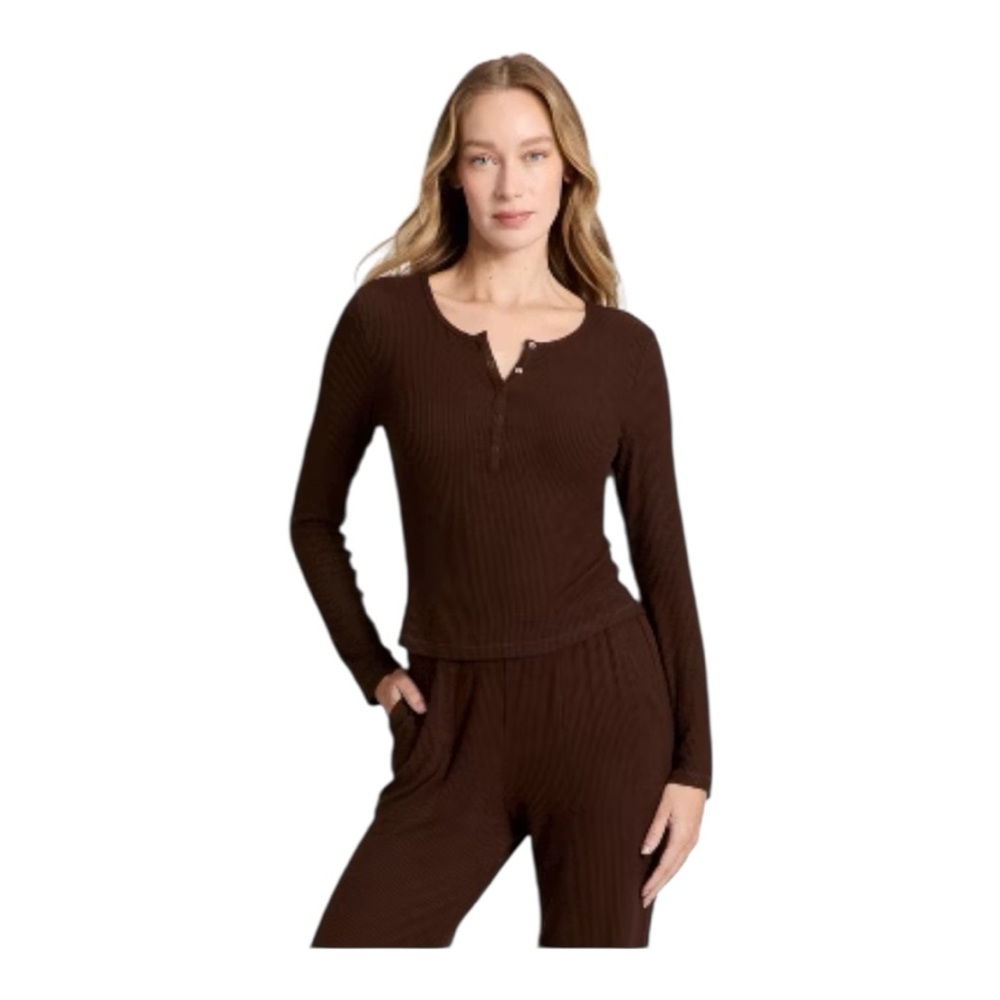 NWT Auden Brown Ribbed Henley Long-Sleeve Pajama Shirt, Size M